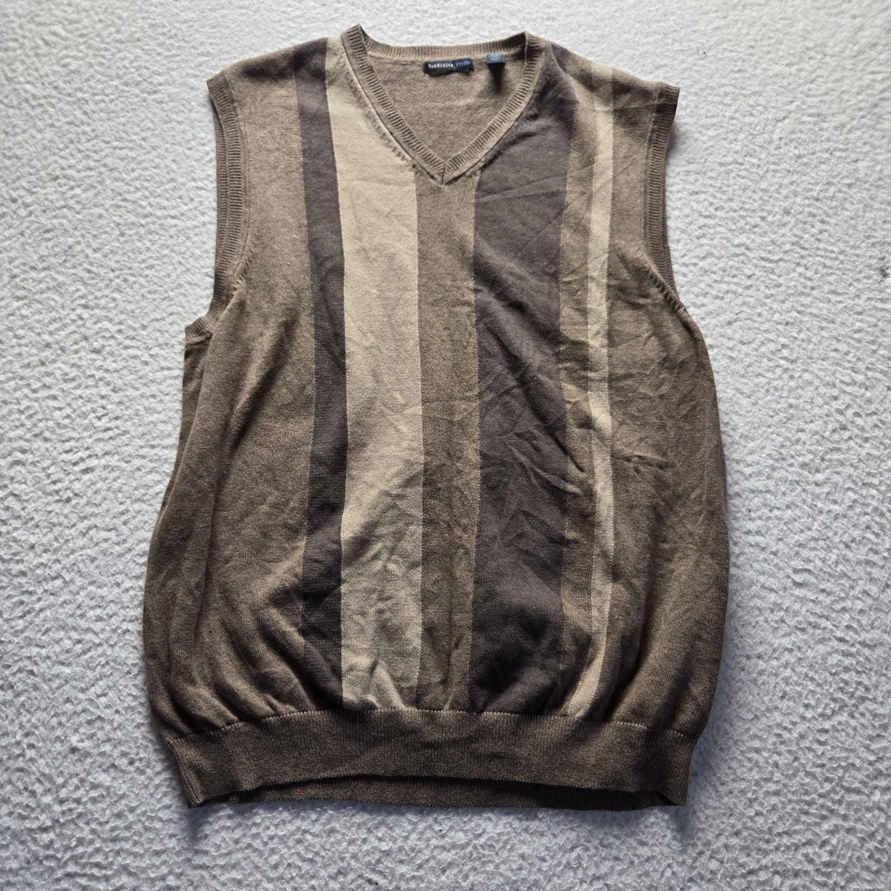 Van Heusen Studio Sweater Vest Mens XL Brown Stripe 100% Cotton V Neck Knit
